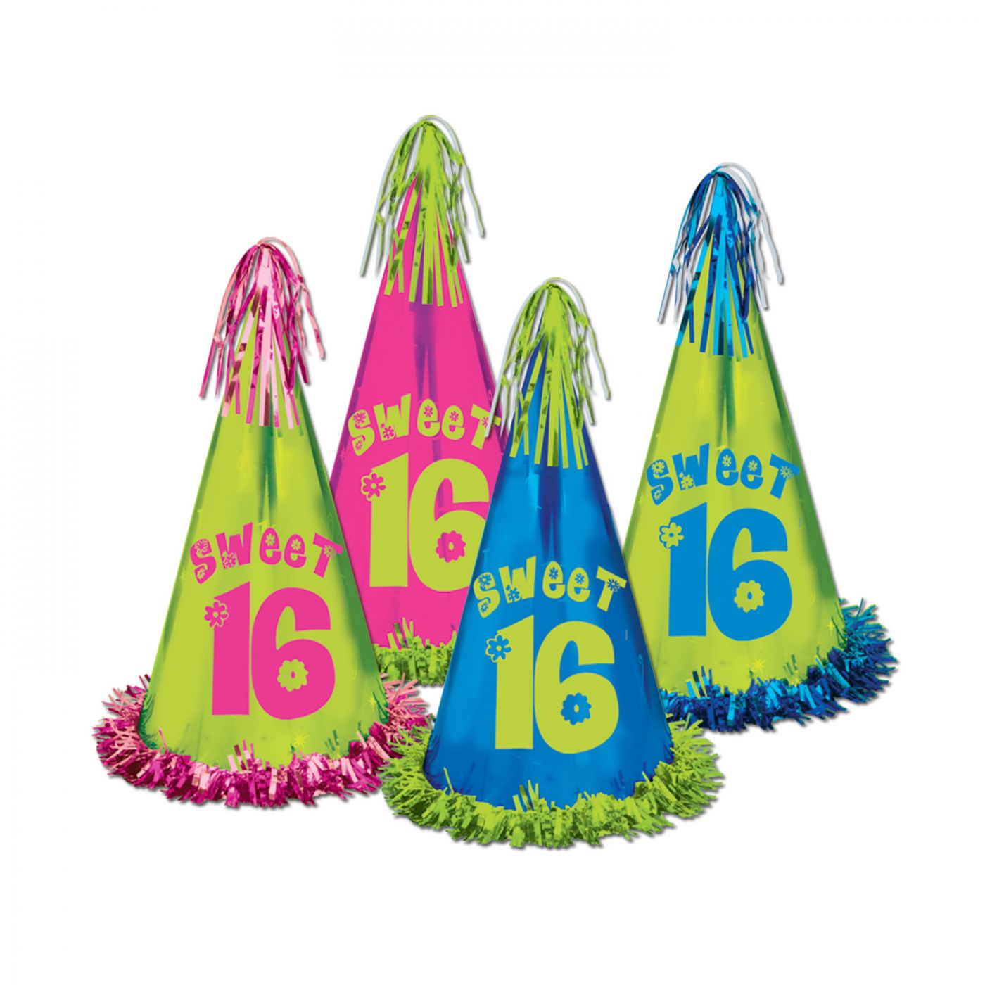 Fringed Foil Sweet 16 Party Hats (12) image